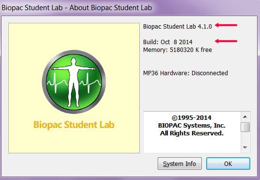 Biopac Student Lab software version and build