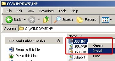 C:WINDOWSINFUSB.INF install