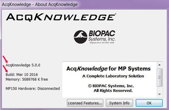 BIOPAC AcqKnowledge software version and build