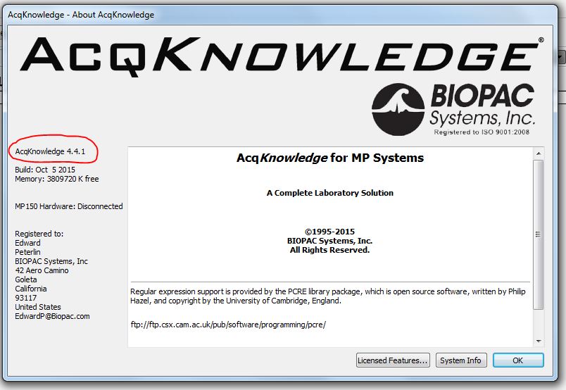 AcqKnowledge version info from About dialog