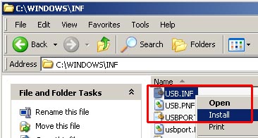 C:WINDOWSINFUSB.INF install